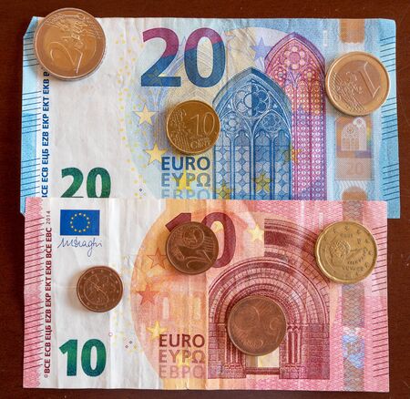 banknotes and coins of European currency Euro, Eur 10 20の写真素材