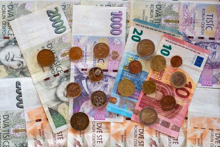 various euro and CZK banknotes and coinsの写真素材
