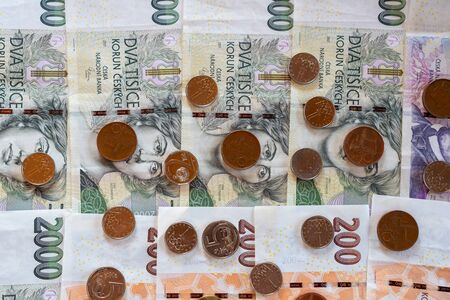 Czech coins and banknotes of various CZK valuesの写真素材