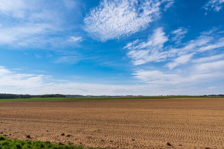 Agricultural field,brown soil farm landscape, Arable land, sow field in spring with beautiful sky on a sunny dayの写真素材