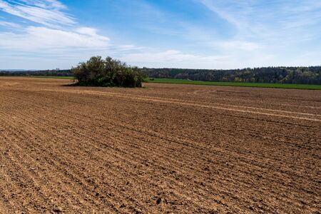 Agricultural field,brown soil farm landscape.Line of arable land.の写真素材