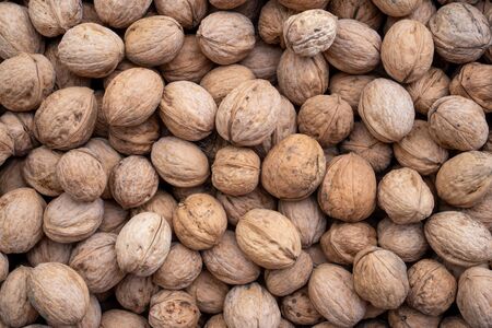 Natural walnut background pattern texture Abstract walnuts heap pattern background Blurred edges frame Natural food in-shell nuts walnuts pattern backdrop Walnuts in shell background dramatic contrastの写真素材