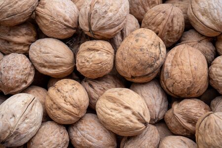 Natural walnut background pattern texture Abstract walnuts heap pattern background Blurred edges frame Natural food in-shell nuts walnuts pattern backdrop Walnuts in shell background dramatic contrastの写真素材
