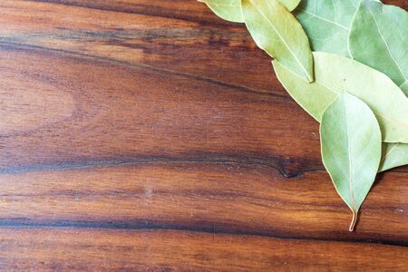 set of Dried bay leaves isolated on woodenの写真素材
