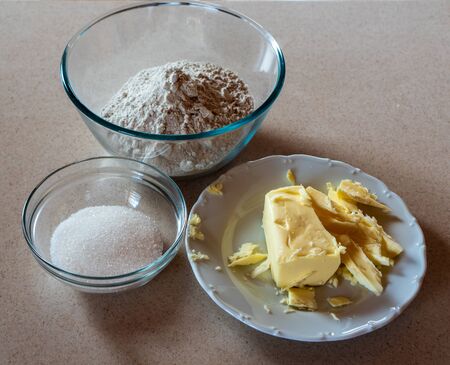 baking ingredients eggs, flour, sugar, butter, yeast. dough preparationの写真素材