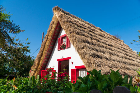 Typical triangular house in Sanatana village, Madeira, Portugalの写真素材