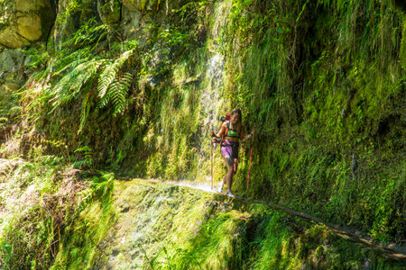 Photo of a long hair blond beautiful girl going under the waterfall in Madeira island.の写真素材