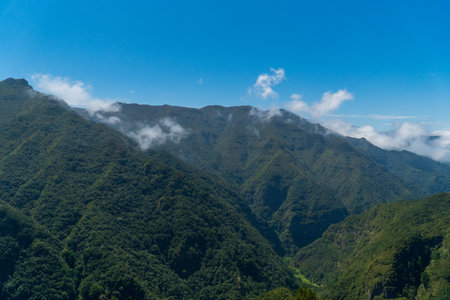 Landscape of beautiful cloudscape above mountains, Madeira Island, Portugal. Rainy dayの写真素材