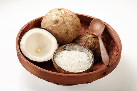 Coconut in Tray isolated on white backgroundの写真素材