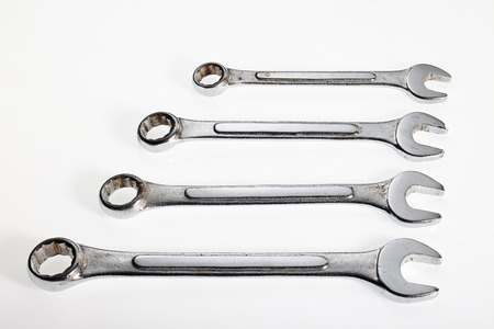 Used Wrench tool isolated on white backgroundの写真素材