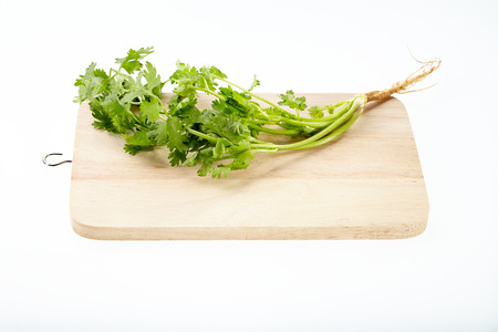 Parsley on chopping block isolated on white background.の写真素材