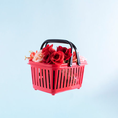 Red roses in a shopping basket on a blue background. Minimalistic style.の写真素材