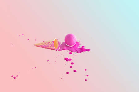 Ice cream cone and hot pink ball, paint spilled. Minimal summer layout. Sunny day, refreshment, warm...