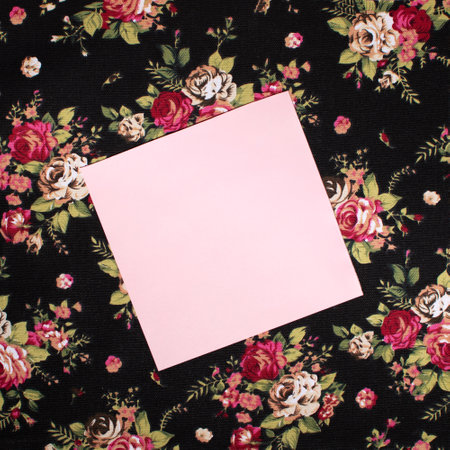 Blank postcard on the black background with roses. Decorative, floral upholstery fabricの写真素材
