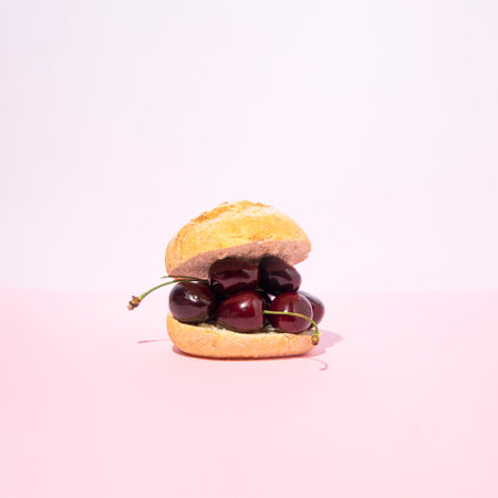 Fresh juicy cherries in a sandwich, creative food concept, pastel pink background.の写真素材