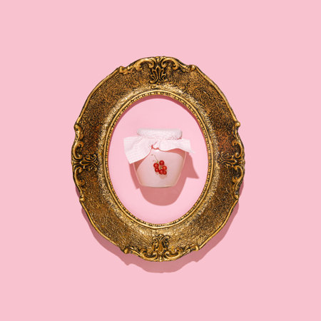 A jar with fruity jam in a gilded oval frame, decorated with fresh currants, creative aesthetic layout, preserved food idea, creative aesthetic romantic layout.の写真素材