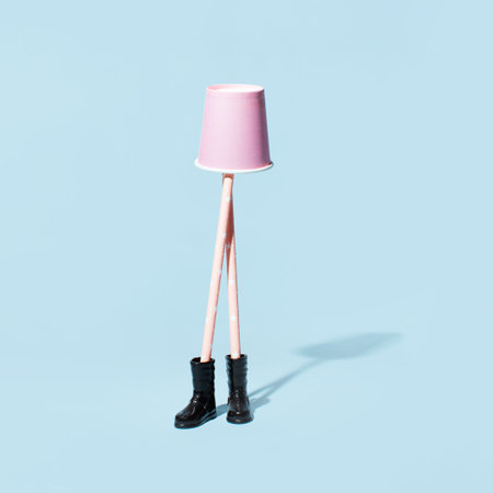 Paper cup and party straws, creative arrangement against pastel blue background.の写真素材