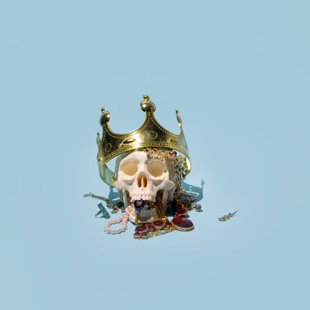 Human skull model creatively arranged with jewelry and crown, conceptual layout on a pastel blue background.の写真素材