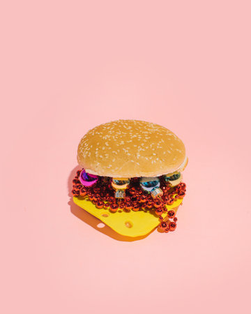 Burger with junk jewelry, creative aesthetic fast food concept on a pink background.の写真素材