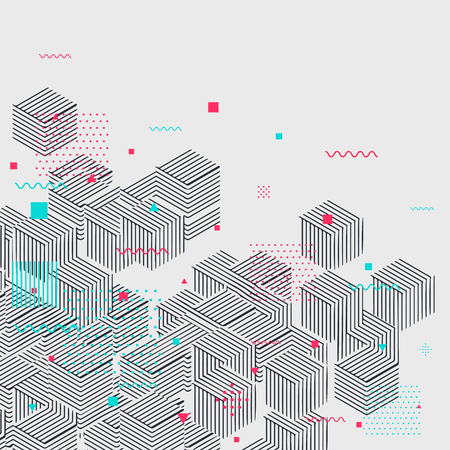 Memphis style geometric pattern with different geometric forms. Vector illustration with striped figure and abstract geometric elements.のイラスト素材