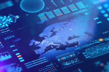 Europe map on digital lcd display with reflection and pixels. Technology and security concept. 3D...