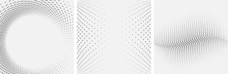 Set of dotted abstract forms. Grunge halftone vector background in black and white colors. Distressed overlay texture. Abstract pattern with circles, waves and swirls. Dot texture.のイラスト素材