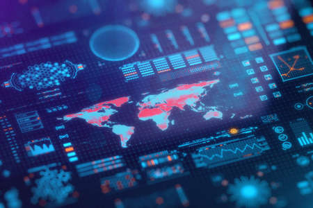 Climate change concept. World map on digital lcd display with reflection and pixels. Weather forecast. 3D rendering.の写真素材