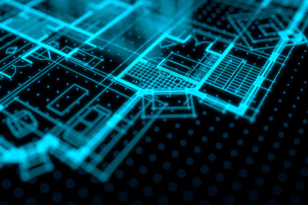 Architecture blueprint on digital lcd display with reflection. Abstract technology background. 3D rendering.の写真素材
