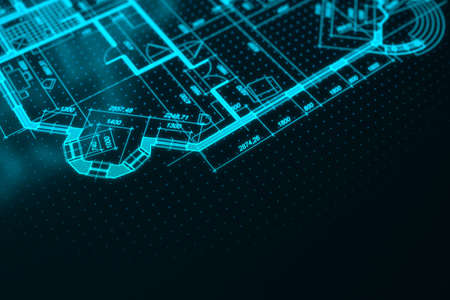 Architecture blueprint on digital lcd display with reflection. Abstract technology background. 3D rendering.の写真素材