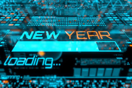 New year progress bar on digital lcd display with reflection. Abstract technology background. 3D rendering.の写真素材