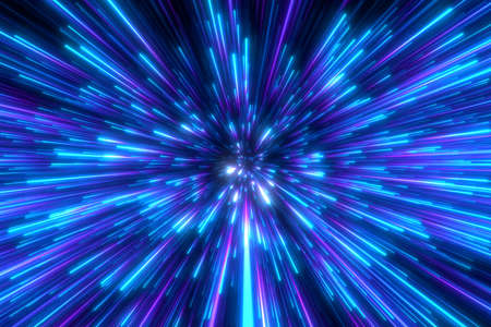 Speed of light in space on dark background. Abstract background in blue, yellow and orange neon colors. 3D rendering.の素材 [FY310164449085]