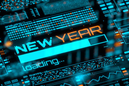 New year progress bar on digital lcd display with reflection. Abstract technology background. 3D rendering.の写真素材