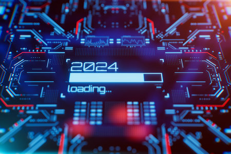 New 2024 year progress bar on digital lcd display with reflection.の写真素材