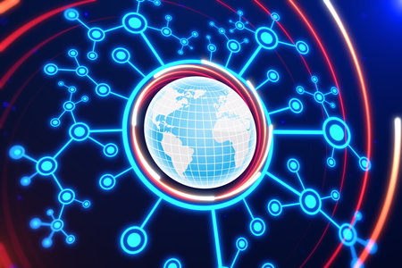 Blue holographic globe with nodes connected around earth.の写真素材
