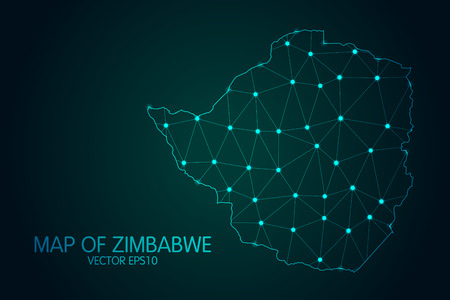 Map of Zimbabwe - With glowing point and lines scales on the dark gradient background, 3D mesh polygonal network connections.のイラスト素材