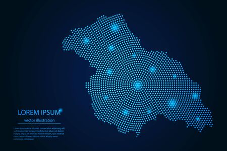 Abstract image Kashmir map from point blue and glowing stars on a dark background. vector illustration.のイラスト素材