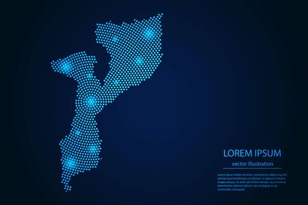 Abstract image Mozambique map from point blue and glowing stars on a dark background. vector illustration.のイラスト素材