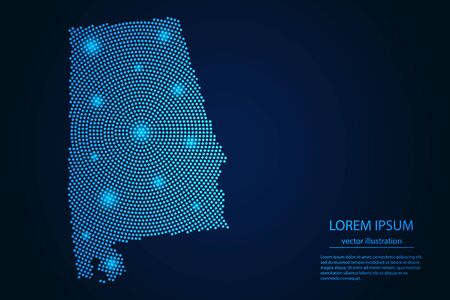 Abstract image Alabama map from point blue and glowing stars on a dark background. vector illustration.のイラスト素材