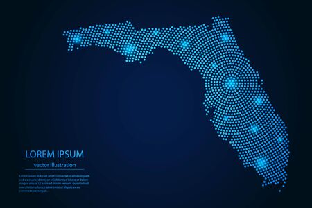Abstract image Florida map from point blue and glowing stars on a dark background. vector illustration.のイラスト素材