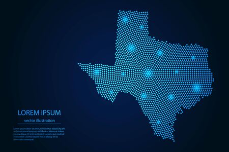 Abstract image Texas map from point blue and glowing stars on a dark background. vector illustration.のイラスト素材