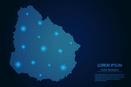 Abstract image Uruguay map from point blue and glowing stars on a dark background. Vector Illustration.のイラスト素材