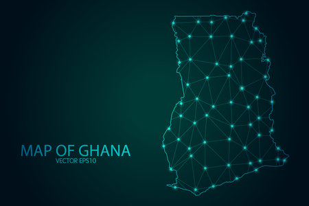 Map of Ghana - With glowing point and lines scales on The Dark Gradient Background, 3D mesh polygonal network connections. Vector illustration .のイラスト素材