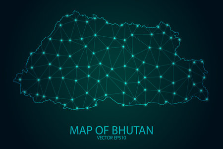 Map of Bhutan - With glowing point and lines scales on The Dark Gradient Background, 3D mesh polygonal network connections. Vector illustration .のイラスト素材