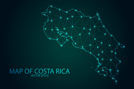 Map of Costa Rica - With glowing point and lines scales on The Dark Gradient Background, 3D mesh polygonal network connections. Vector illustration .のイラスト素材
