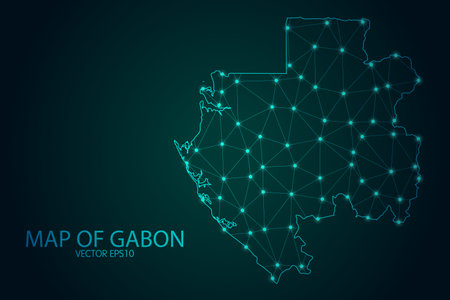 Map of Gabon - With glowing point and lines scales on The Dark Gradient Background, 3D mesh polygonal network connections. Vector illustration .のイラスト素材