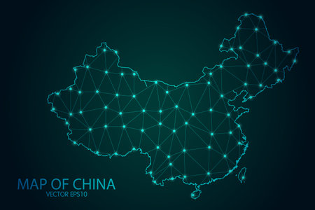 Map of China - With glowing point and lines scales on The Dark Gradient Background, 3D mesh polygonal network connections. Vector illustration .のイラスト素材