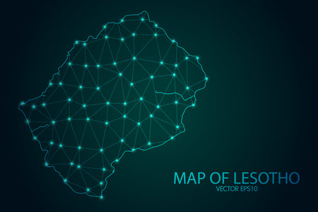 Map of Lesotho - With glowing point and lines scales on The Dark Gradient Background, 3D mesh polygonal network connections. Vector illustration .のイラスト素材