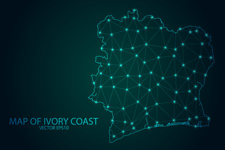 Map of Ivory Coast - With glowing point and lines scales on The Dark Gradient Background, 3D mesh polygonal network connections. Vector illustration .のイラスト素材