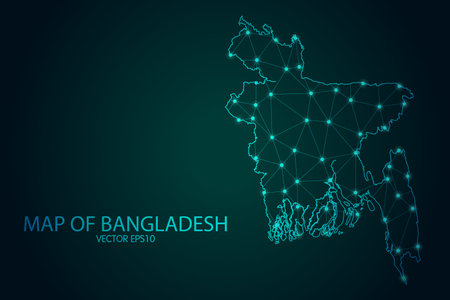 Map of Bangladesh - With glowing point and lines scales on The Dark Gradient Background, 3D mesh polygonal network connections. Vector illustration .のイラスト素材