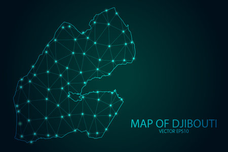 Map of Djibouti - With glowing point and lines scales on The Dark Gradient Background, 3D mesh polygonal network connections. Vector illustration .のイラスト素材